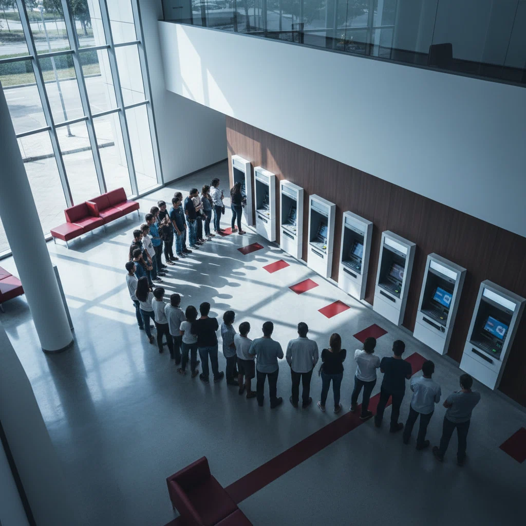 Fila organizada de pessoas em frente a caixas eletrônicos em agência bancária - como reduzir filas no banco