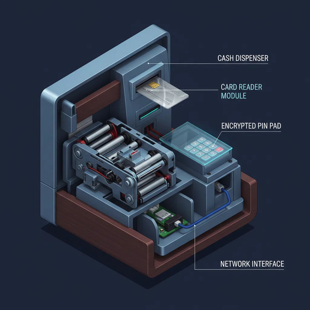 Diagrama de componentes internos de um caixa eletrônico - infraestrutura de rede ATM Brasil